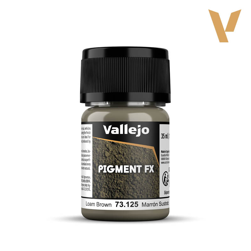 Vallejo Pigment FX: Loam Brown (35ml) - Small plastic bottle of Vallejo Pigment FX paint in loam brown with black screw cap and gray label.