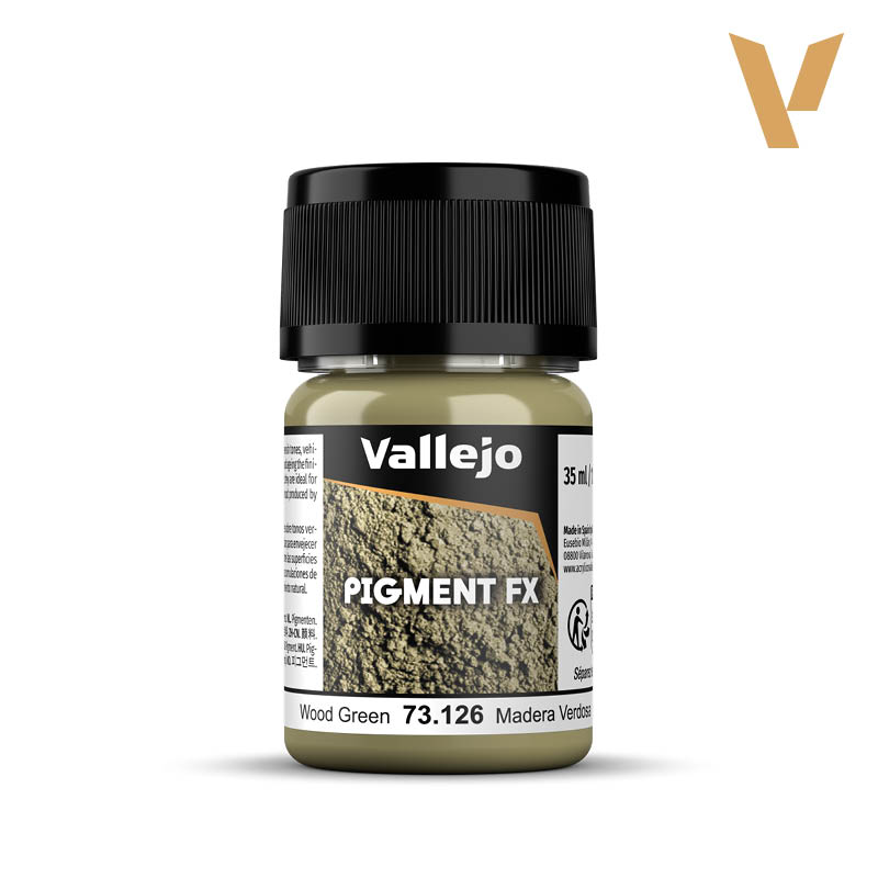 Vallejo Pigment FX: Wood Green (35ml) - Small plastic bottle of Vallejo Pigment FX in wood green with black screw cap and textured label design.