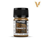 Vallejo Pigment FX: Khaki Green (35ml) - Small clear plastic jar of khaki green pigment powder with black screw lid and Vallejo Pigment FX label.
