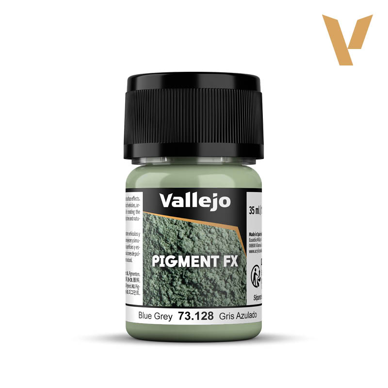Vallejo Pigment FX: Blue Grey (35ml) - Small transparent plastic jar with black screw lid, containing blue-grey pigment powder, labeled Vallejo Pigment FX.