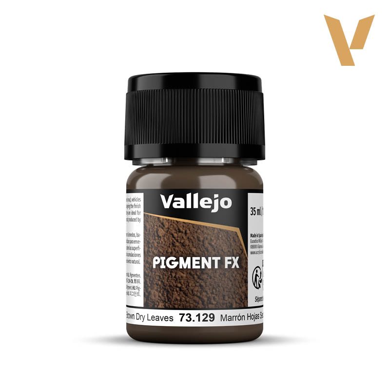 Vallejo Pigment FX: Brown Dry Leaves (35ml) - Small clear jar with black screw-on lid containing brown pigment labeled Vallejo Pigment FX Brown Dry Leaves 35ml.