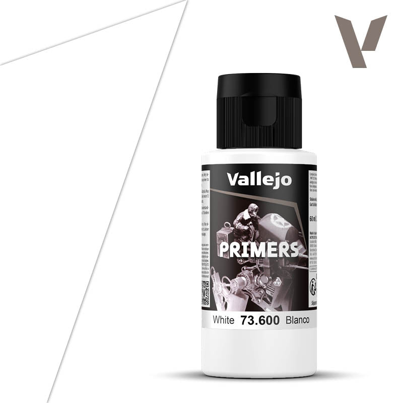 Vallejo Primer: White (60ml) - 60ml white Vallejo primer paint bottle with black cap and label featuring a grayscale photo.