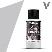 Vallejo Primer: Grey (60ml) - 60ml white plastic bottle of Vallejo grey primer paint with black flip-top cap and detailed label design.