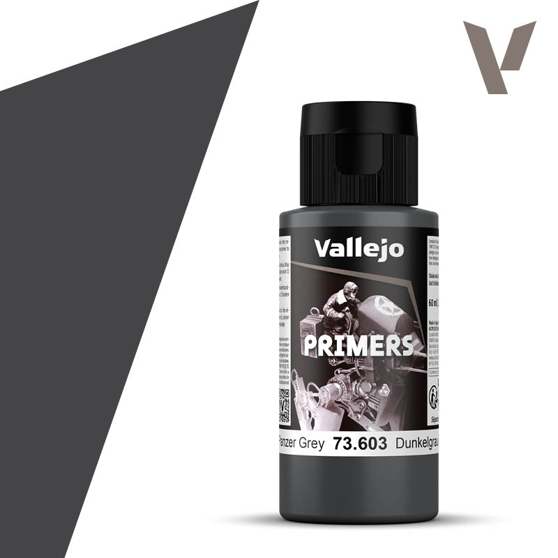 Vallejo Primer: German Panzer Grey (60ml) - Matte black plastic bottle of Vallejo Primer German Panzer Grey paint, 60ml, labeled with grayscale artwork and cap.
