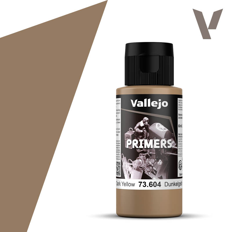 Vallejo Primer: German Dark Yellow (60ml) - 60ml bottle of Vallejo primer paint in German Dark Yellow with black cap and detailed label.