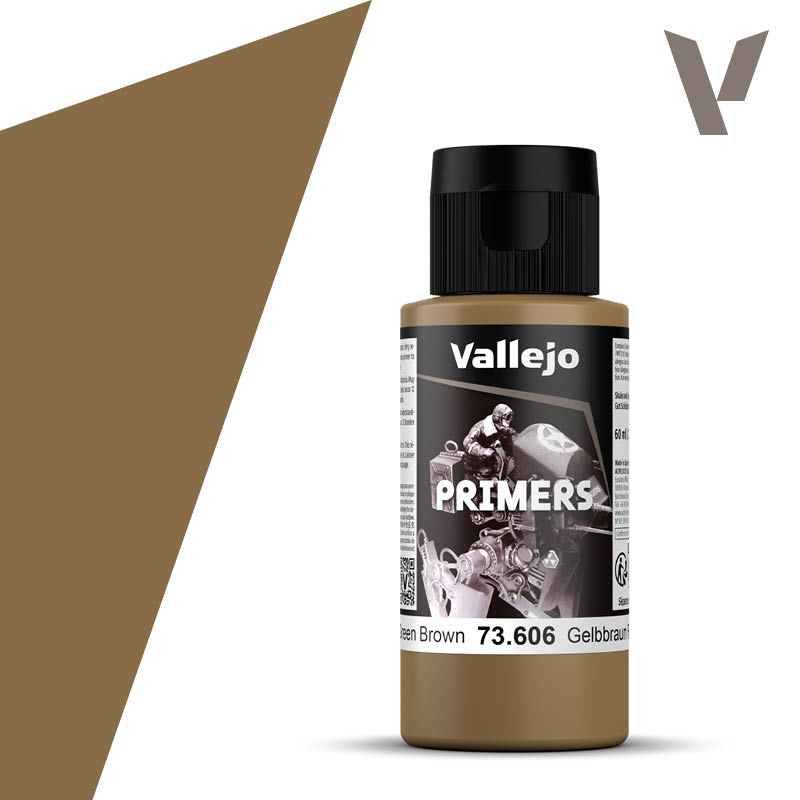 Vallejo Primer: German Green Brown (60ml) - 60ml bottle of Vallejo German Green Brown primer paint with black cap and detailed label.