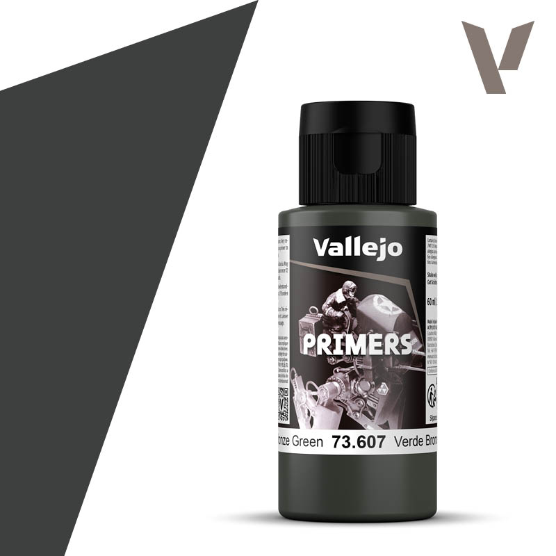 Vallejo Primer: U.K. Bronze Green (60ml) - 60ml dark green Vallejo primer paint bottle with black cap and detailed label.