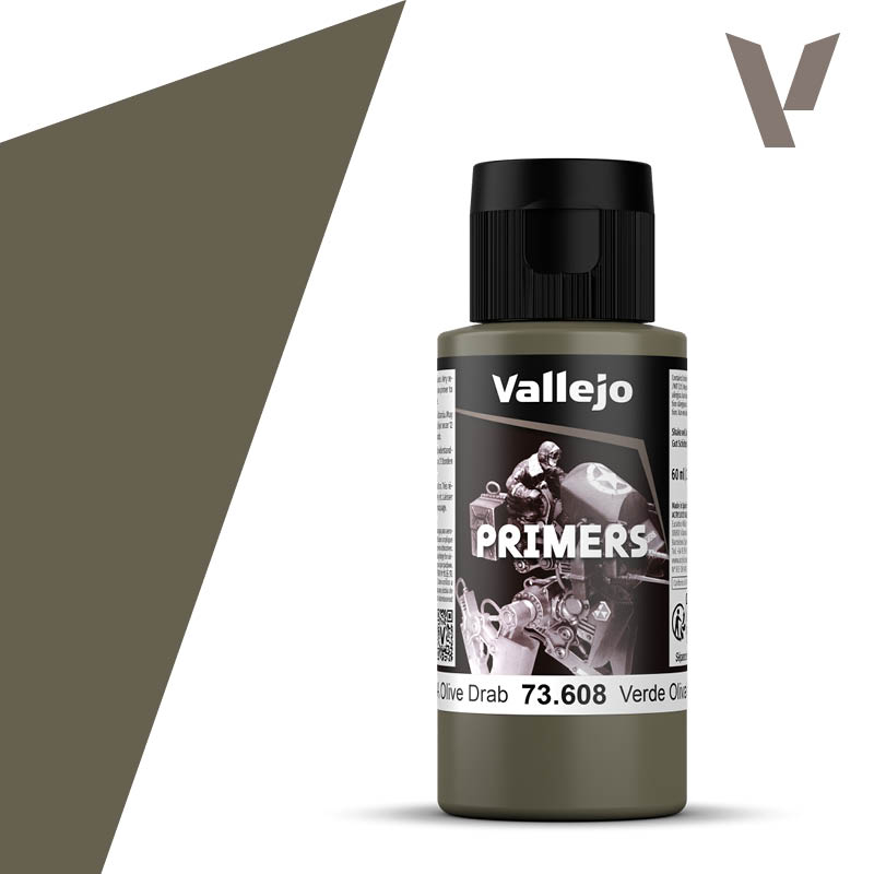 Vallejo Primer: U.S. Olive Drab (60ml) - 60ml bottle of Vallejo U.S. Olive Drab primer paint with black cap and military-themed label.