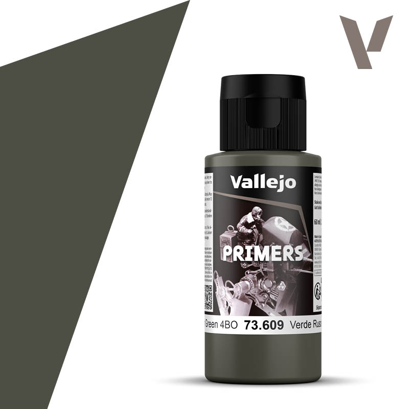 Vallejo Primer: Russian Green 4BO (60ml) - 60ml Vallejo Primer bottle in Russian Green 4BO with black cap and military-themed label.