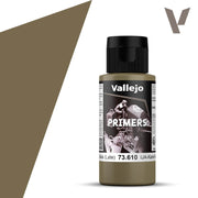 Vallejo Primer: Parched Grass (60ml) - 60ml bottle of Vallejo Primer paint in muted olive green labeled Parched Grass with black cap.