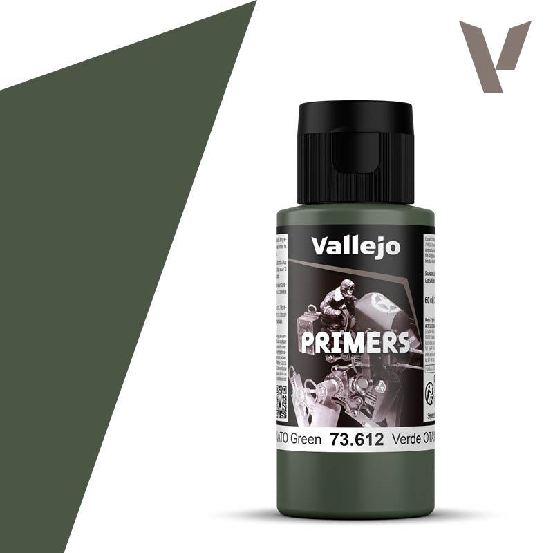 Vallejo Primer: NATO Green (60ml) - 60ml cylindrical bottle of Vallejo NATO Green primer paint with black screw cap and gray label.