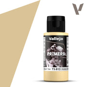 Vallejo Primer: Desert Tan (60ml) - Matte plastic bottle of Vallejo Desert Tan primer paint with black flip-top cap and label featuring grayscale painting scene