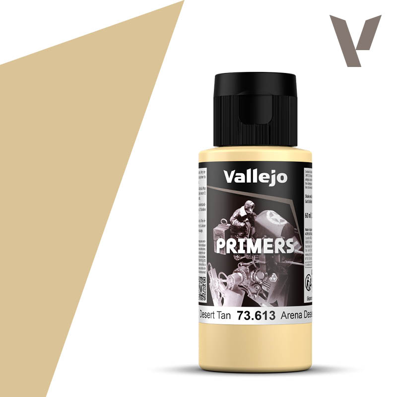 Vallejo Primer: Desert Tan (60ml) - Matte plastic bottle of Vallejo Desert Tan primer paint with black flip-top cap and label featuring grayscale painting scene