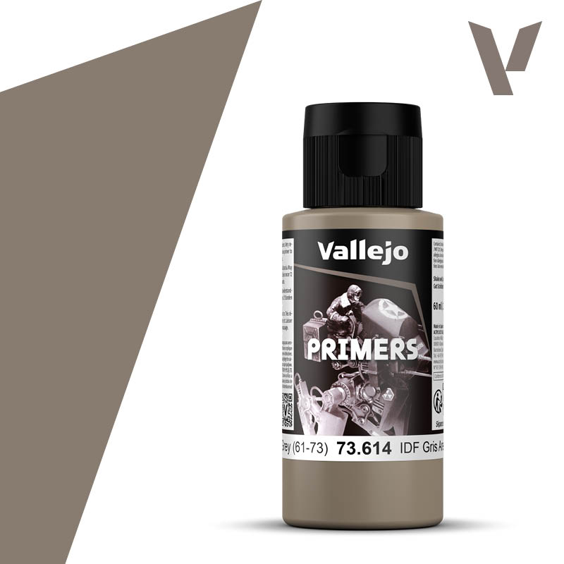 Vallejo Primer: IDF Israeli Sand Grey (60ml) - 60ml bottle of Vallejo Primer in matte Israeli Sand Grey with black flip-top cap and white label featuring soldiers.