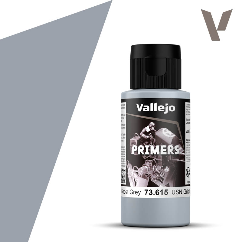 Vallejo Primer: USN Light Ghost Grey (60ml) - 60ml cylindrical Vallejo primer bottle in USN Light Ghost Grey with black cap and labeled design.