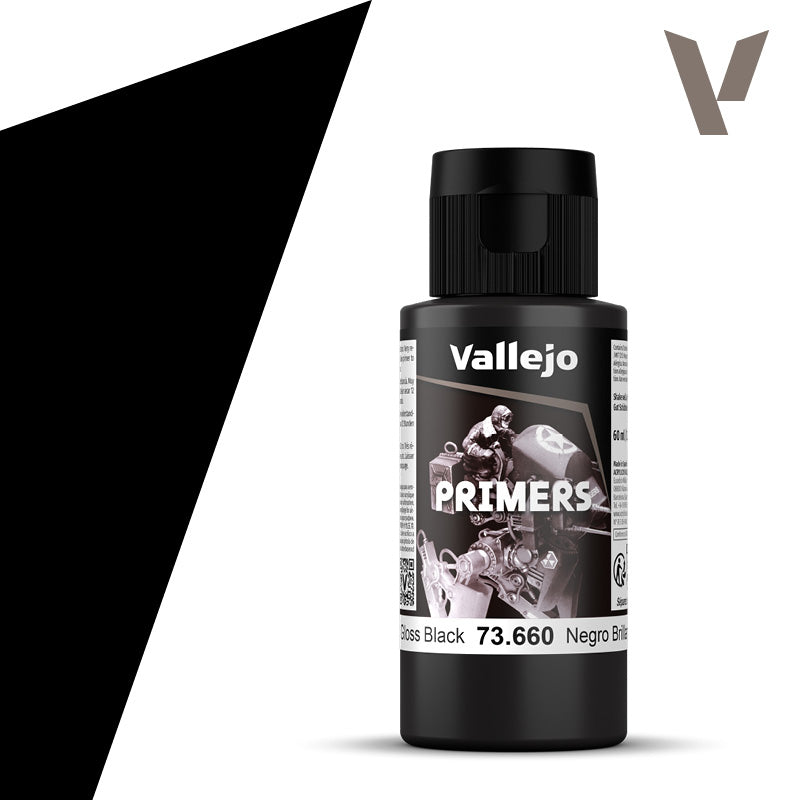 Vallejo Primer: Gloss Black (60ml) - 60ml Vallejo Gloss Black primer paint bottle with black cap and label showing model figure.