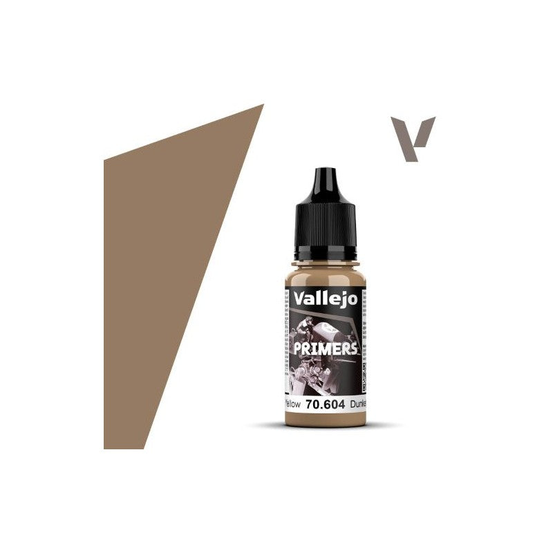 Vallejo Primer: German Dark Yellow (18ml) - 18ml bottle of Vallejo Primer paint in German Dark Yellow with pointed black cap and label showing color swatch and branding.