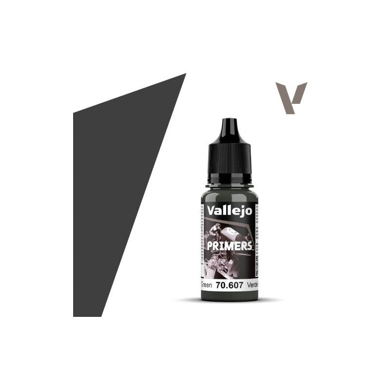 Vallejo Primer: U.K. Bronze Green (18ml) - Small black plastic bottle of Vallejo primer paint with dropper cap, labeled U.K. Bronze Green, 18ml.