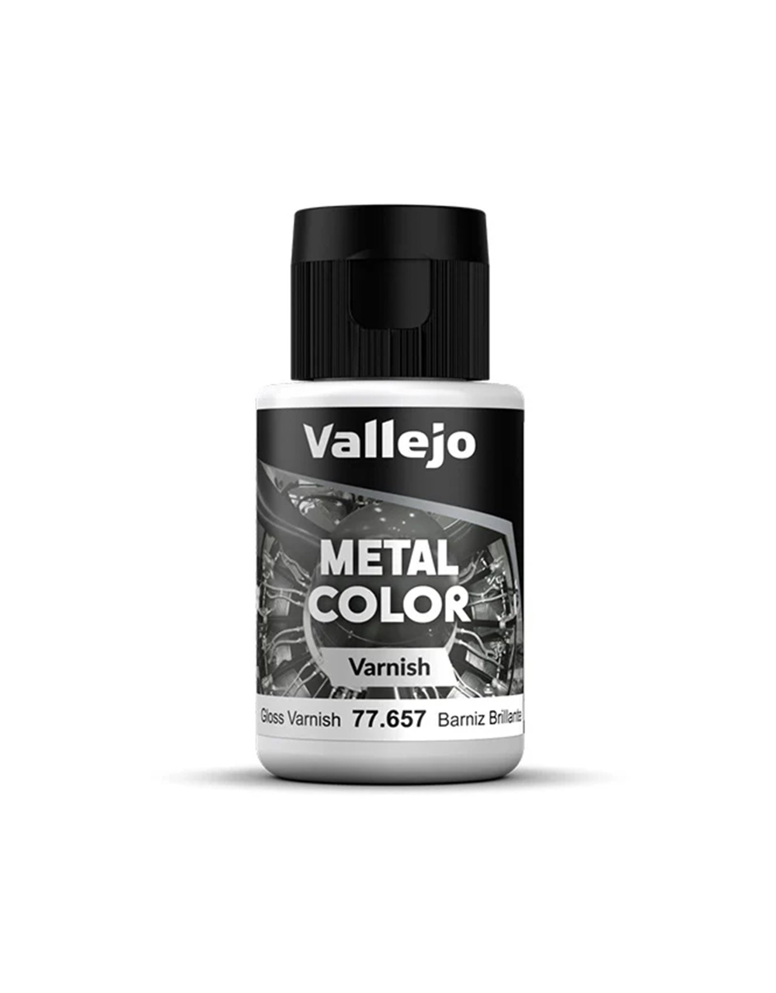 Vallejo Metal Color: Gloss Varnish (32ml) - Small white plastic bottle with black screw cap, labeled Vallejo Metal Color Gloss Varnish paint, 32ml.