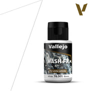 Vallejo Wash FX: White (35ml) - 35ml Vallejo Wash FX white paint bottle with black cap and label featuring grayscale vehicle graphic.