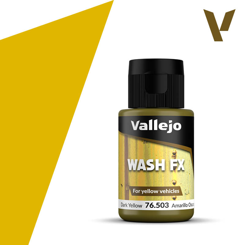 Vallejo Wash FX: Dark Yellow (35ml) - Small bottle of Vallejo Wash FX paint in dark yellow with black cap and detailed label on front.