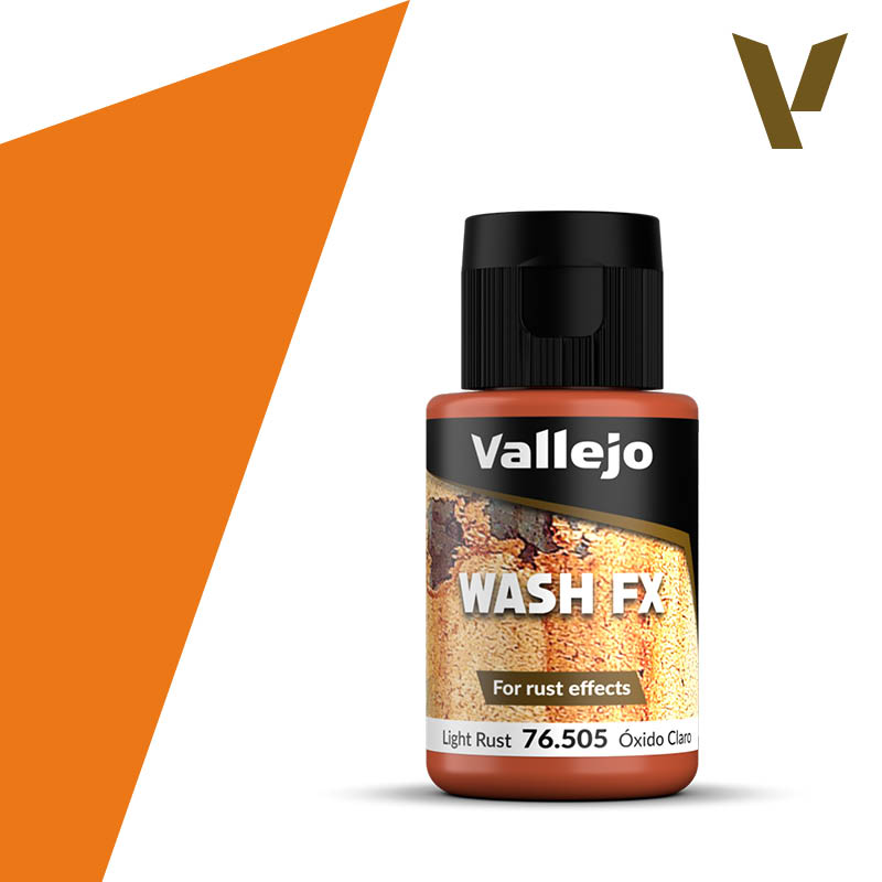 Vallejo Wash FX: Light Rust (35ml) - 35ml Vallejo Wash FX paint bottle in light rust color with black cap and label showing rusty metal effect.