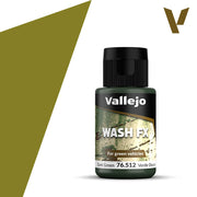Vallejo Wash FX: Dark Green (35ml) - 35ml dark green Vallejo Wash FX paint bottle with black cap and label for green vehicles.