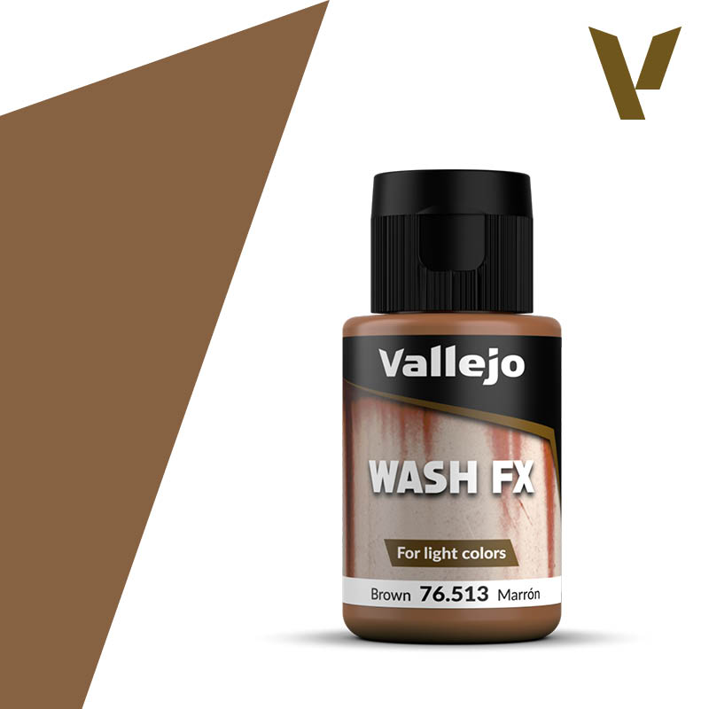 Vallejo Wash FX: Brown (35ml) - Small brown paint bottle with black cap labeled Vallejo Wash FX for light colors, 35ml matte finish.