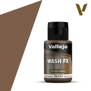 Vallejo Wash FX: Dark Brown (35ml) - Small dark brown plastic bottle of Vallejo Wash FX paint with black screw cap and white label.