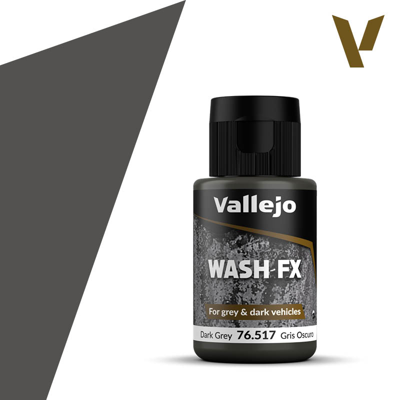 Vallejo Wash FX: Dark Grey (35ml) - Vallejo Wash FX dark grey paint bottle with black cap and detailed label for grey and dark vehicles.