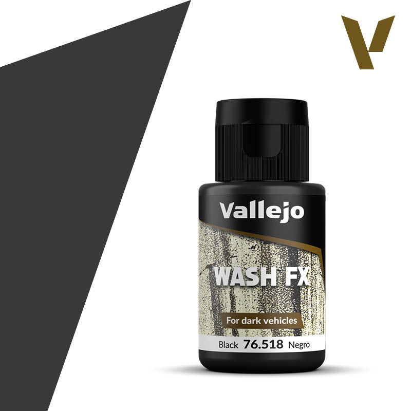 Vallejo Wash FX: Black (35ml) - Black Vallejo Wash FX paint bottle with black cap, 35ml, label shows texture and text.