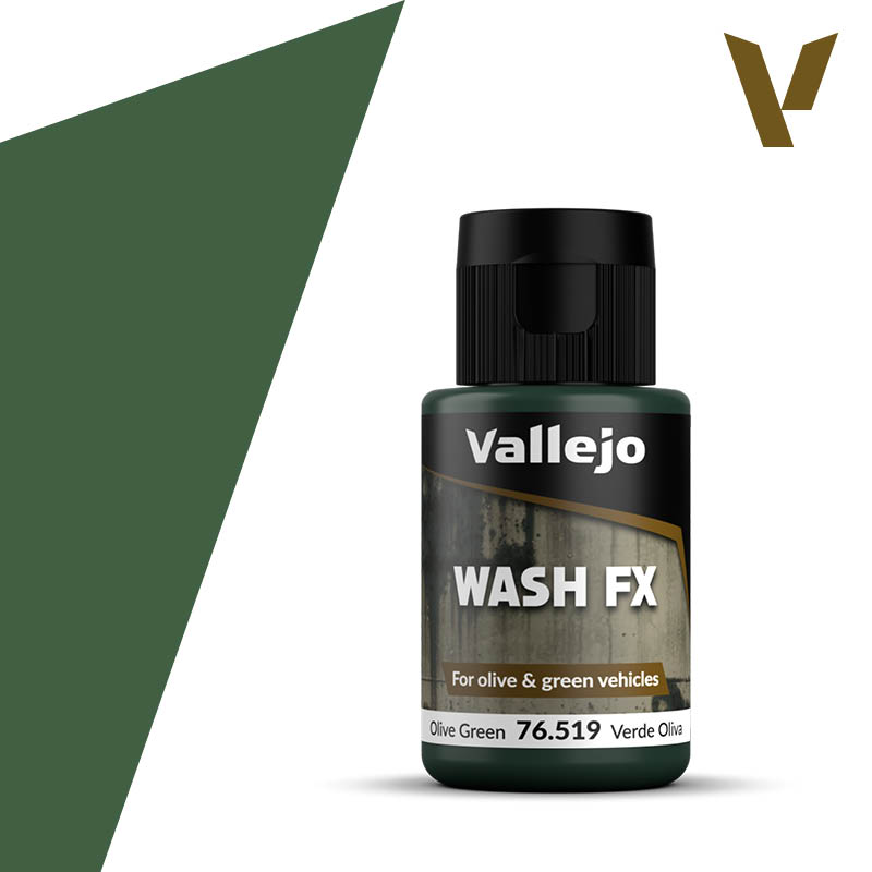 Vallejo Wash FX: Olive Green (35ml) - 35ml Vallejo Wash FX paint bottle in olive green with black cap and label detailing use for olive and green vehicles.