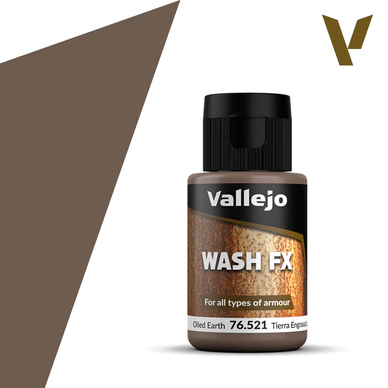 Vallejo Wash FX: Oiled Earth (35ml) - 35ml Vallejo Wash FX paint bottle in muted brown labeled Oiled Earth with black screw cap.