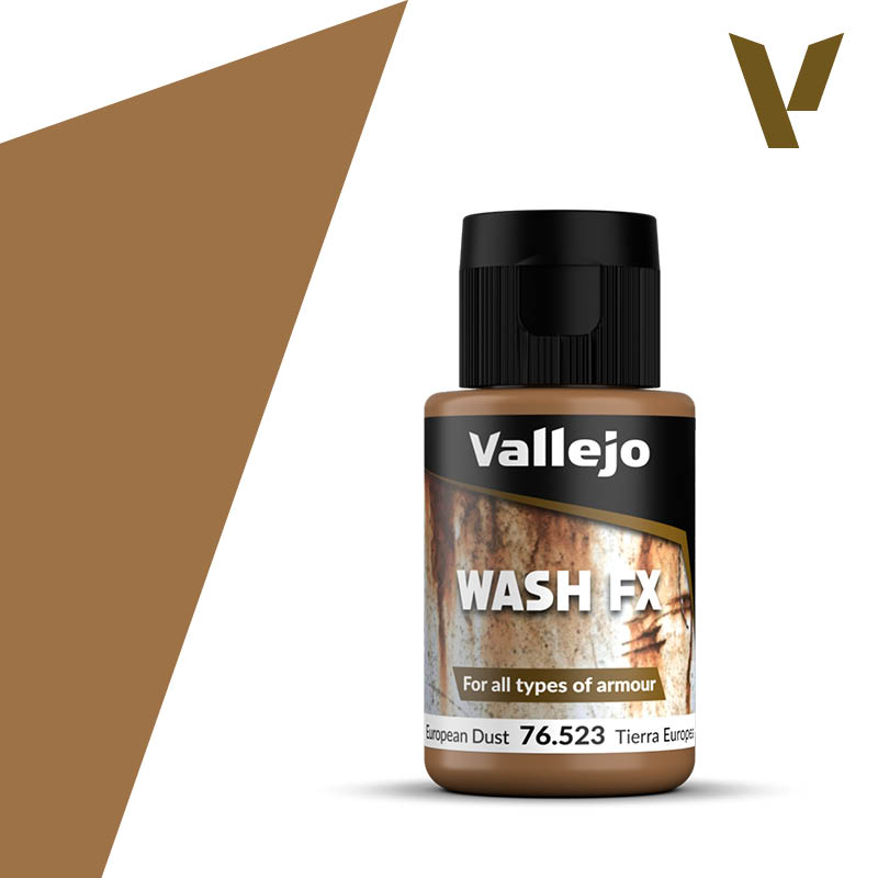 Vallejo Wash FX: European Dust (35ml) - Brown paint bottle with black cap labeled Vallejo Wash FX European Dust 35ml.
