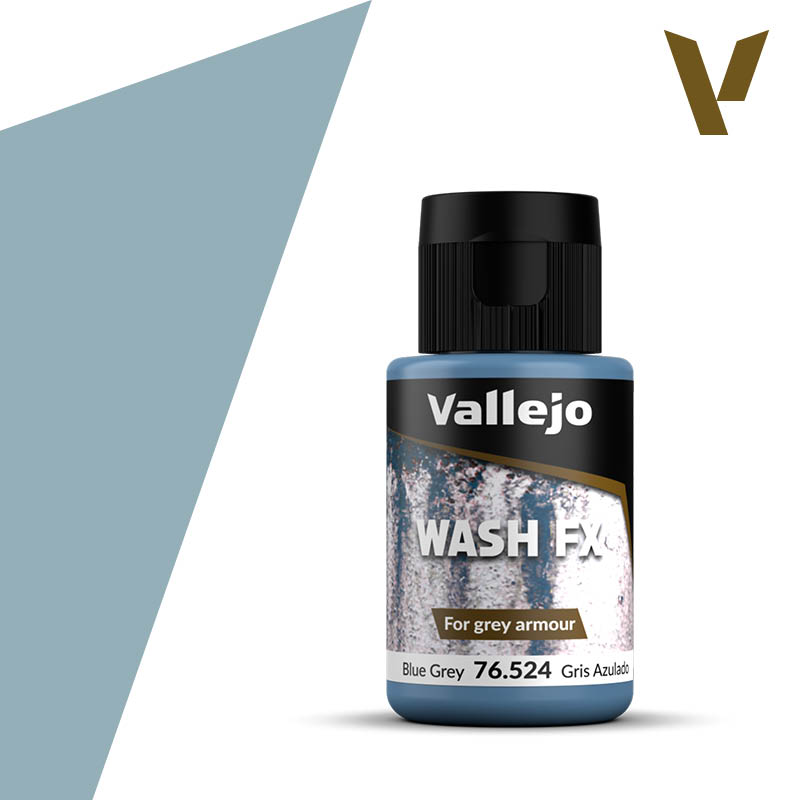 Vallejo Wash FX: Blue Grey (35ml) - Small blue-grey paint bottle with black cap labeled Vallejo Wash FX for grey armour, 35ml.