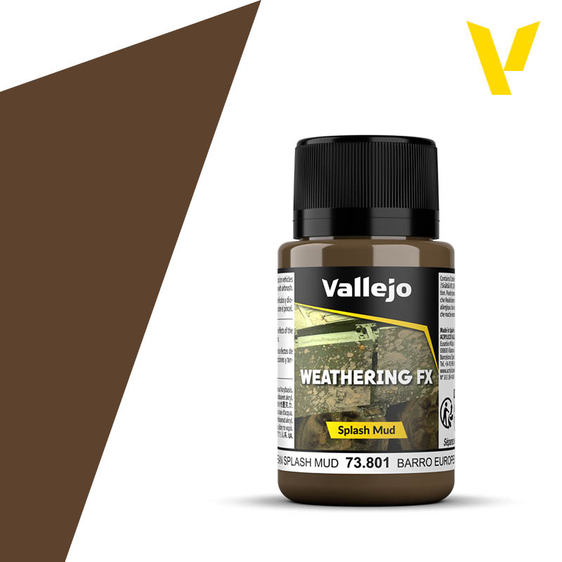 Vallejo Weathering FX: European Splash Mud (40ml) - 40ml brown Vallejo Weathering FX splash mud paint bottle with black cap and label detailing product use.