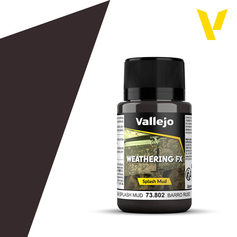 Vallejo Weathering FX: Russian Splash Mud (40ml) - Small black plastic bottle of Vallejo Weathering FX Splash Mud paint with a black screw cap and a label featuring yellow and