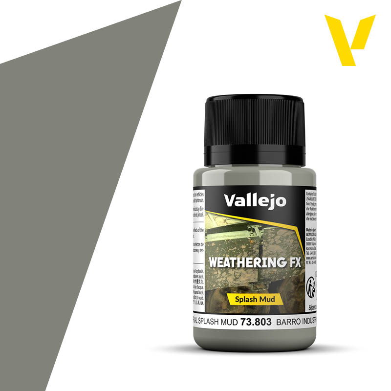 Vallejo Weathering FX: Industrial Splash Mud (40ml) - 40ml Vallejo Weathering FX Industrial Splash Mud paint bottle with black cap and gray label.