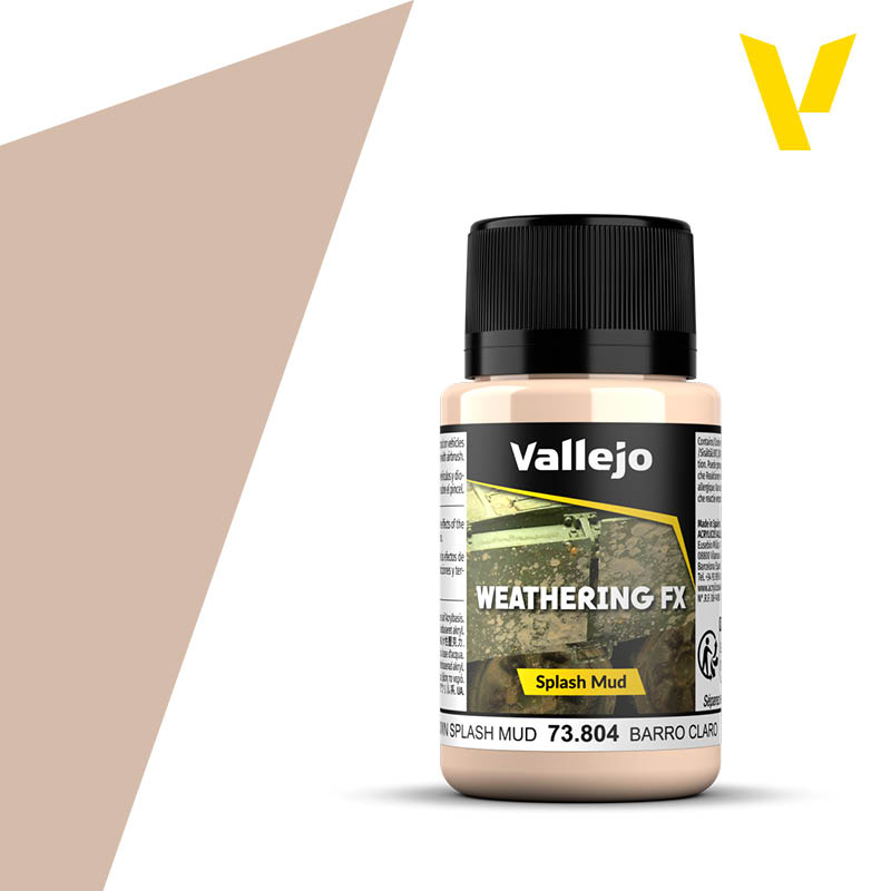 Vallejo Weathering FX: Light Brown Splash Mud (40ml) - 40ml Vallejo Weathering FX bottle with black cap, labeled Light Brown Splash Mud paint.