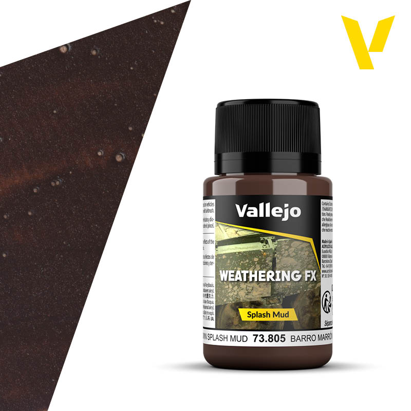 Vallejo Weathering FX: Brown Splash Mud (40ml) - 40ml bottle of Vallejo Weathering FX brown splash mud paint with black cap and yellow label accents.