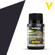Vallejo Weathering FX: Black Splash Mud (40ml) - Small black plastic bottle of Vallejo Weathering FX Black Splash Mud paint with a black cap and yellow label accents.