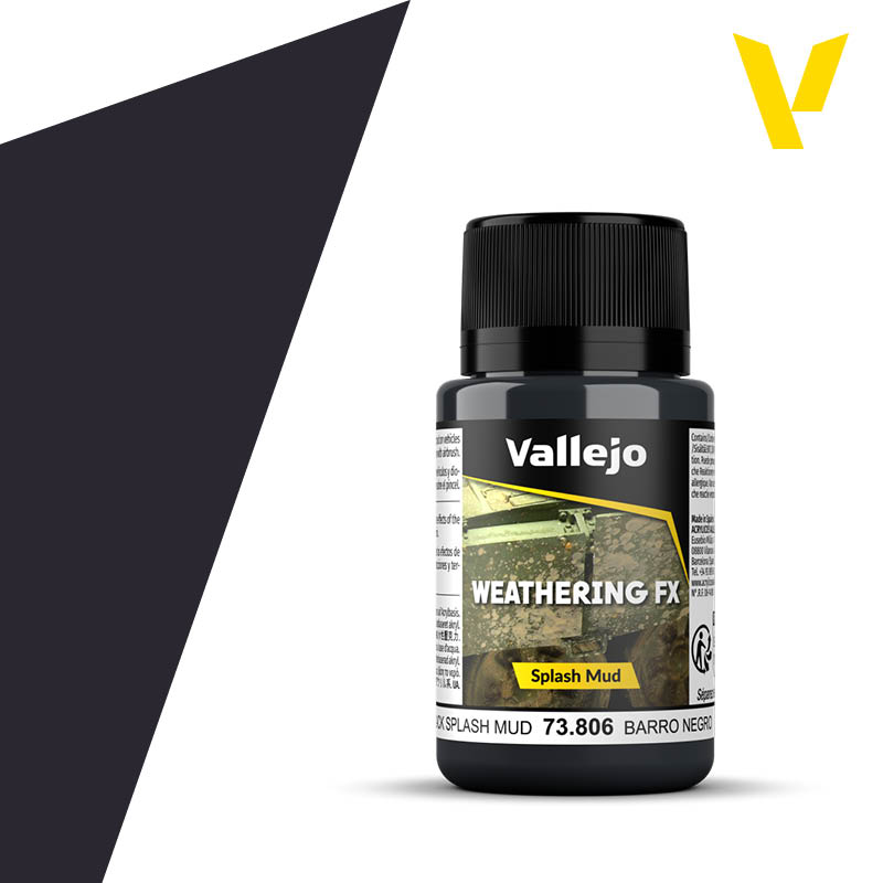 Vallejo Weathering FX: Black Splash Mud (40ml) - Small black plastic bottle of Vallejo Weathering FX Black Splash Mud paint with a black cap and yellow label accents.