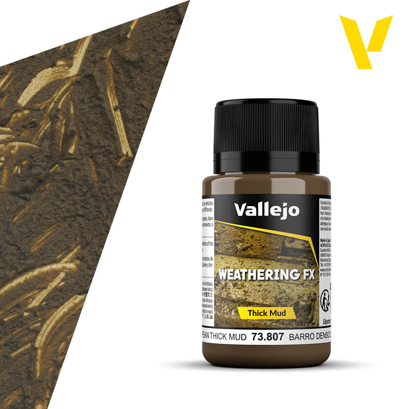 Vallejo Weathering FX: European Thick Mud (40ml) - 40ml brown Vallejo Weathering FX thick mud paint bottle with black cap and label detailing texture effects.