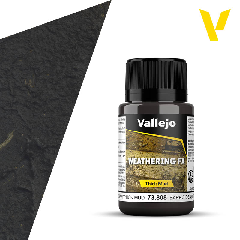 Vallejo Weathering FX: Russian Thick Mud (40ml) - Small cylindrical plastic bottle with black screw cap, labeled Vallejo Weathering FX Thick Mud paint in earthy brown shade.