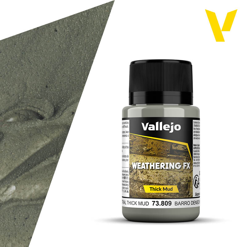 Vallejo Weathering FX: Industrial Thick Mud (40ml) - 40ml bottle of Vallejo Weathering FX Industrial Thick Mud paint with black cap and textured mud sample background.