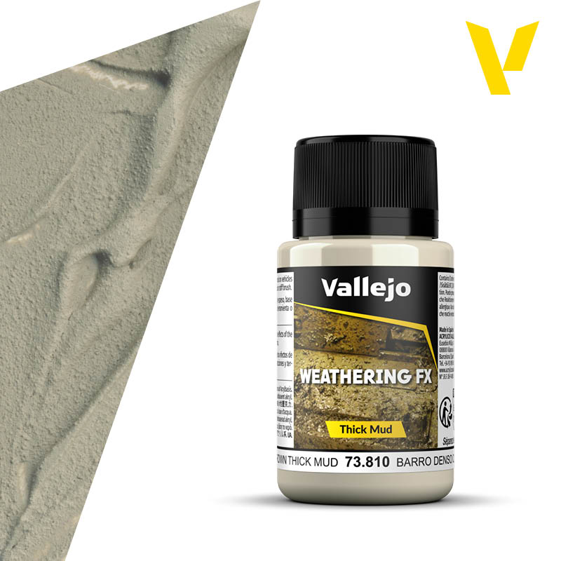 Vallejo Weathering FX: Light Brown Mud (40ml) - 40ml bottle of Vallejo Weathering FX Light Brown Mud paint with black cap and textured mud swatch background.