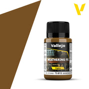 Vallejo Weathering FX: Oil Stains (40ml) - 40ml brown Vallejo Weathering FX Oil Stains paint bottle with black cap and label detailing product type and usage.