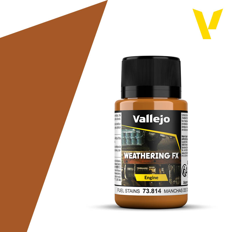 Vallejo Weathering FX: Fuel Stains (40ml) - Small plastic bottle of Vallejo Weathering FX Fuel Stains paint with black cap and detailed label showing color swatches and
