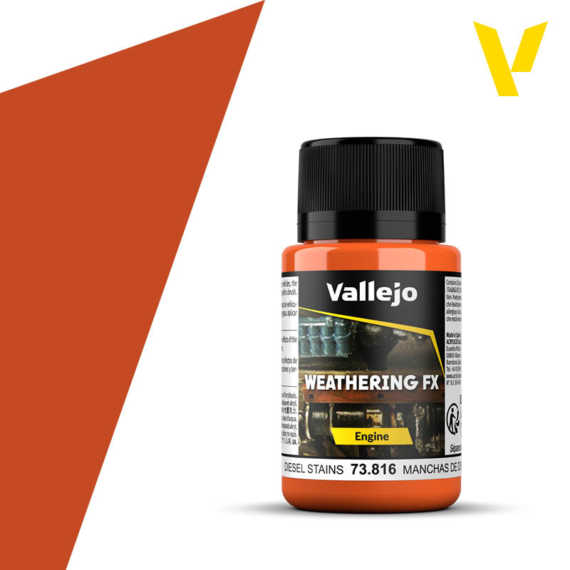 Vallejo Weathering FX: Diesel Stains (40ml) - Small cylindrical bottle of Vallejo Weathering FX Diesel Stains paint with black cap and orange label detailing product use.
