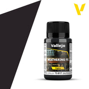 Vallejo Weathering FX: Petrol Spills (40ml) - Black plastic bottle of Vallejo Weathering FX Petrol Spills paint with a black screw cap and product label detailing usage.